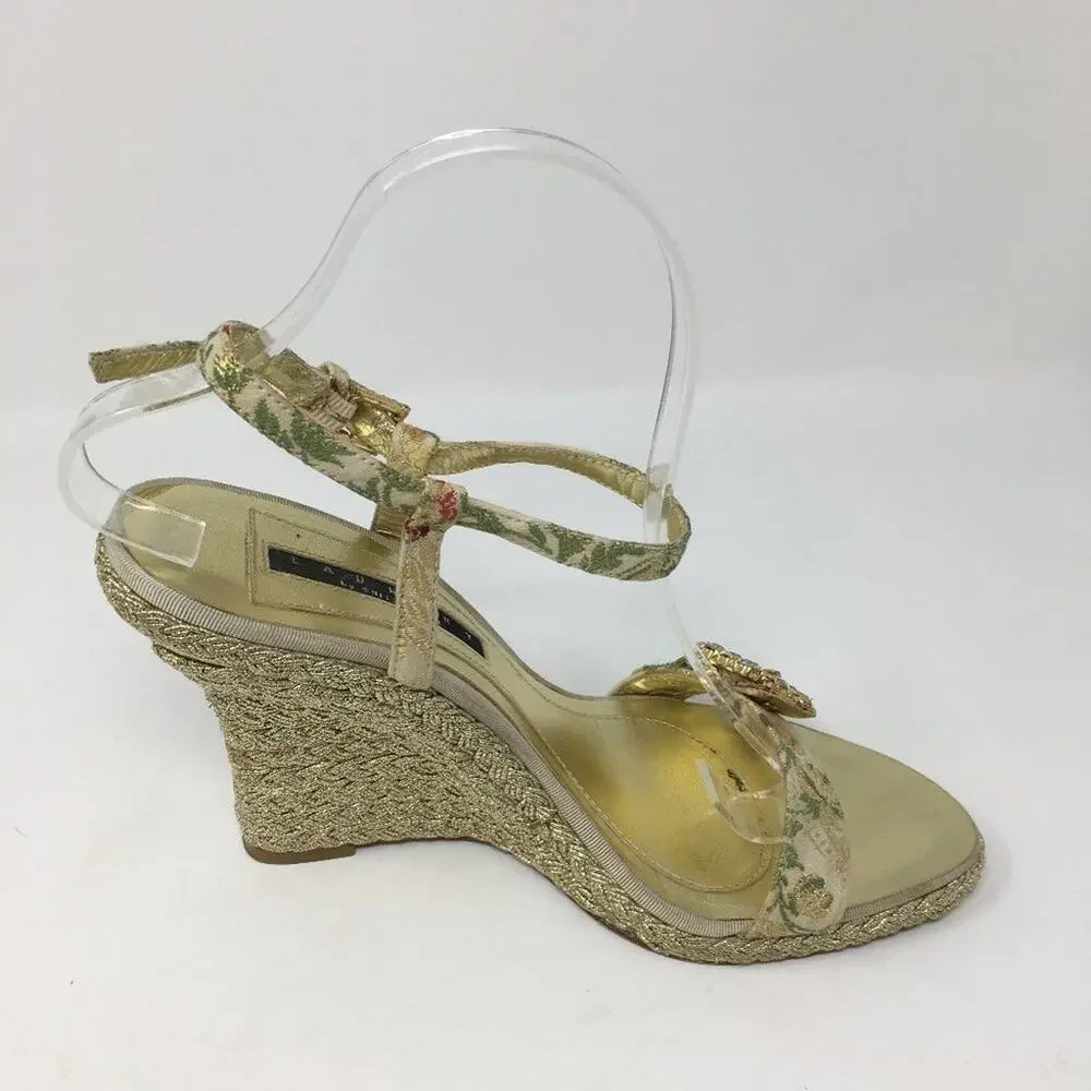 laundry by Shellli Segal Gold Floral Wedges 9.5